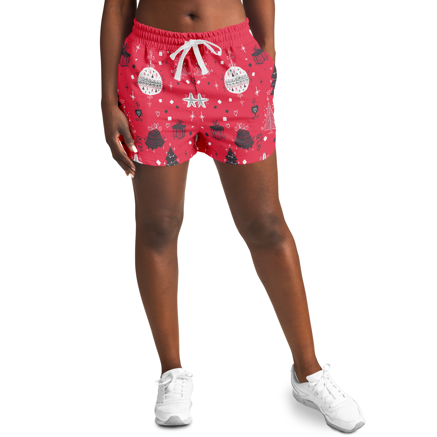 Model wearing Christmas vibes shorts, front pose
