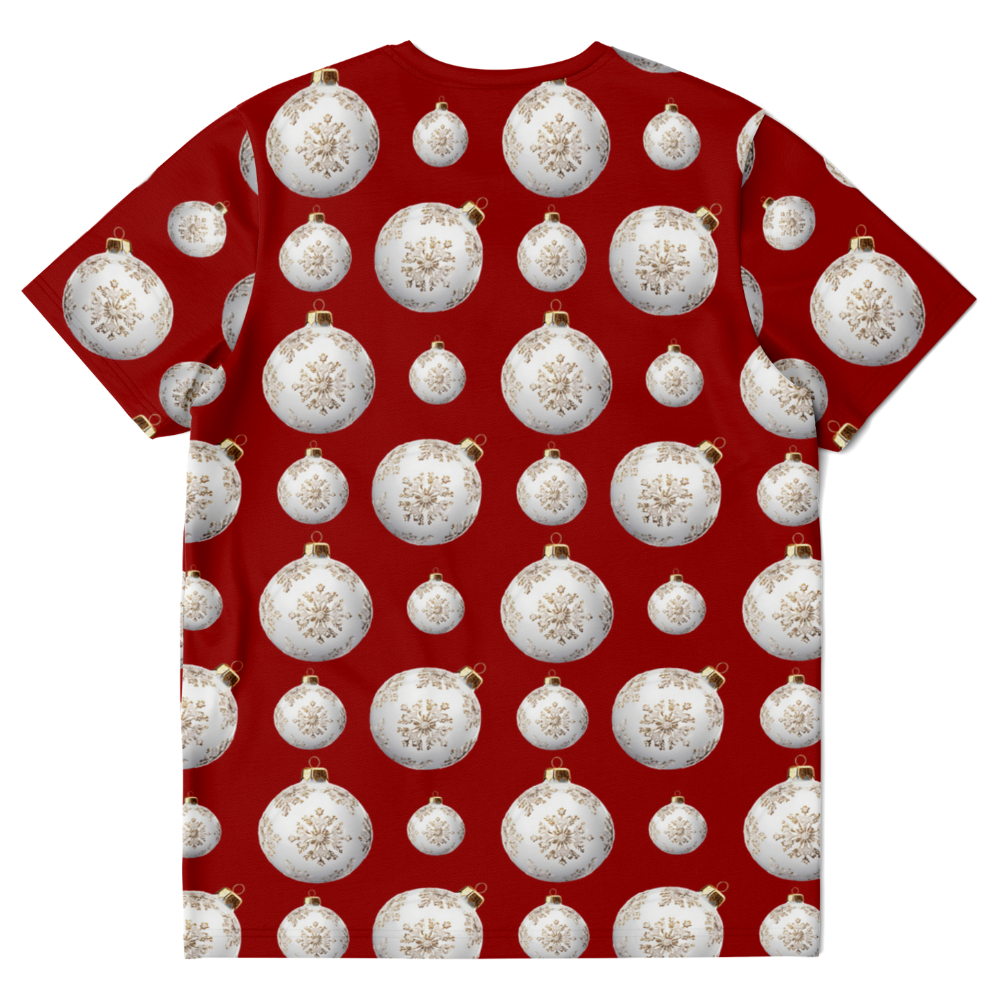Back view of Christmas Vibes T-Shirt with holiday ornament pattern