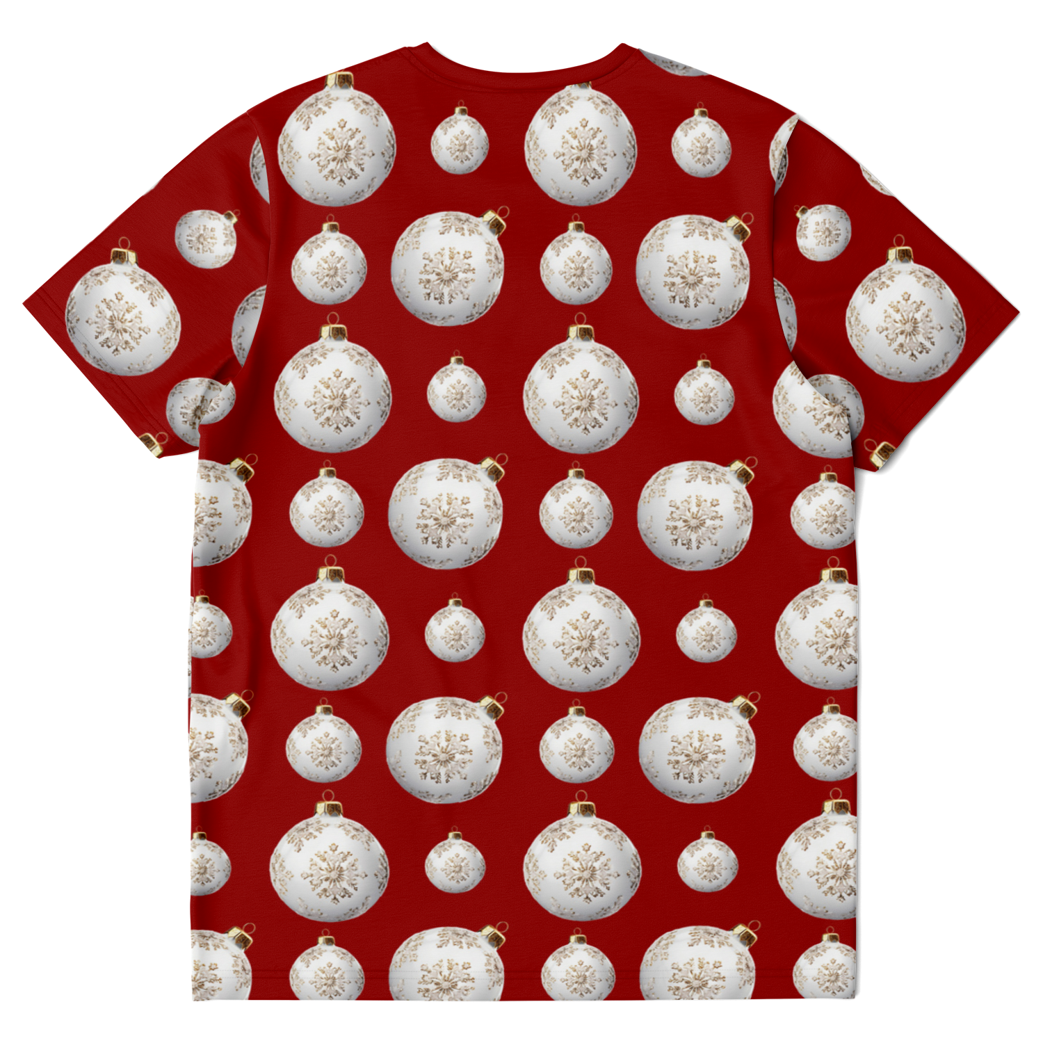 Back view of Christmas Vibes T-Shirt with holiday ornament pattern