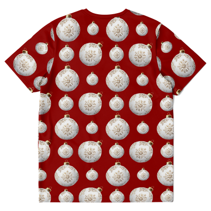 Back view of Christmas Vibes T-Shirt with holiday ornament pattern