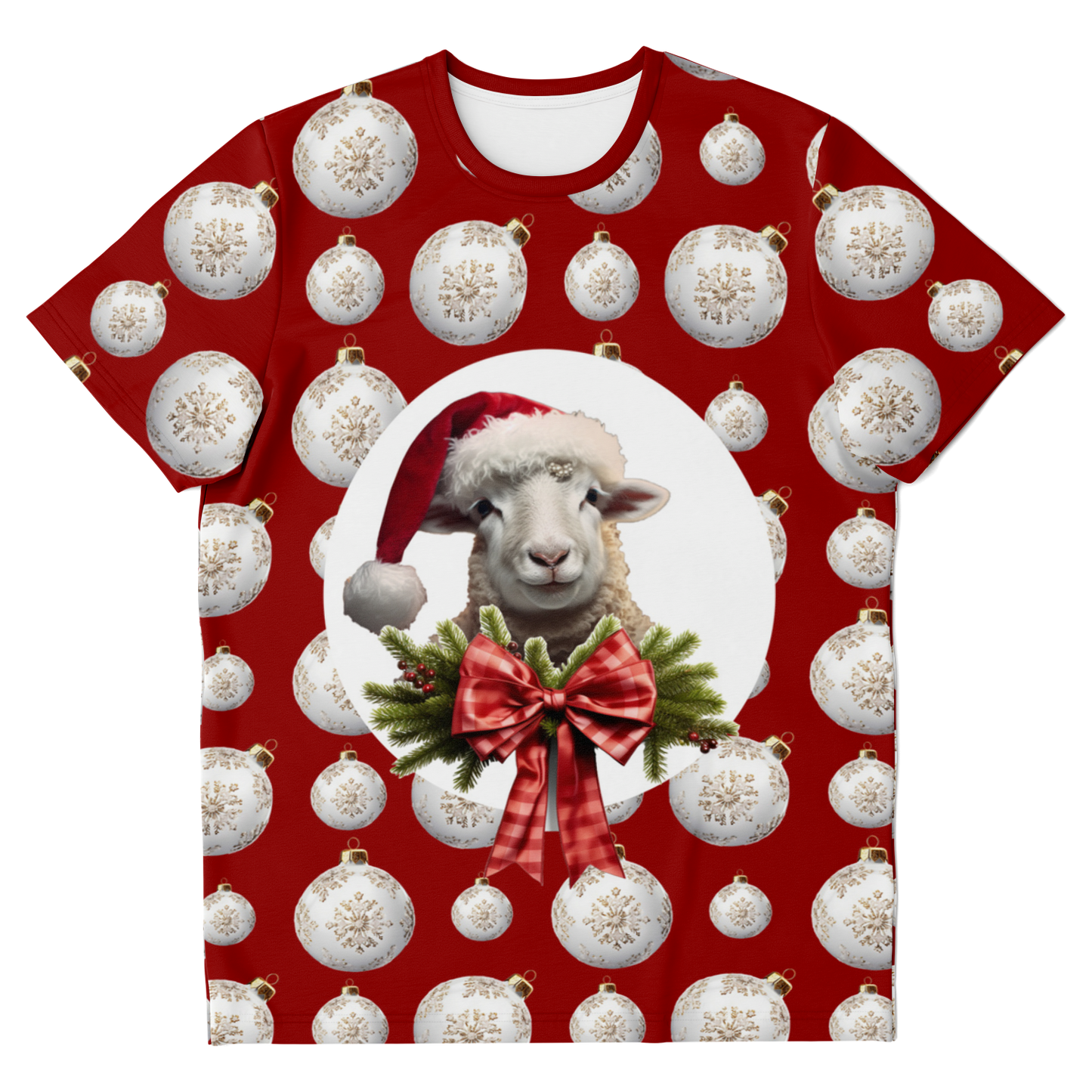 Front view of Christmas Vibes T-Shirt with festive Santa and holiday print