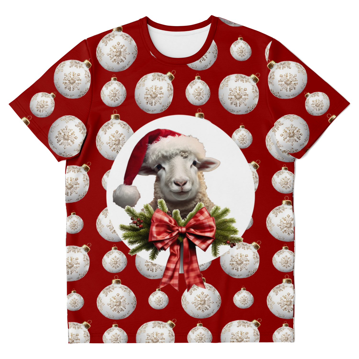 Front view of Christmas Vibes T-Shirt with festive Santa and holiday print
