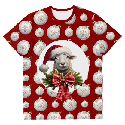 Front view of Christmas Vibes T-Shirt with festive Santa and holiday print