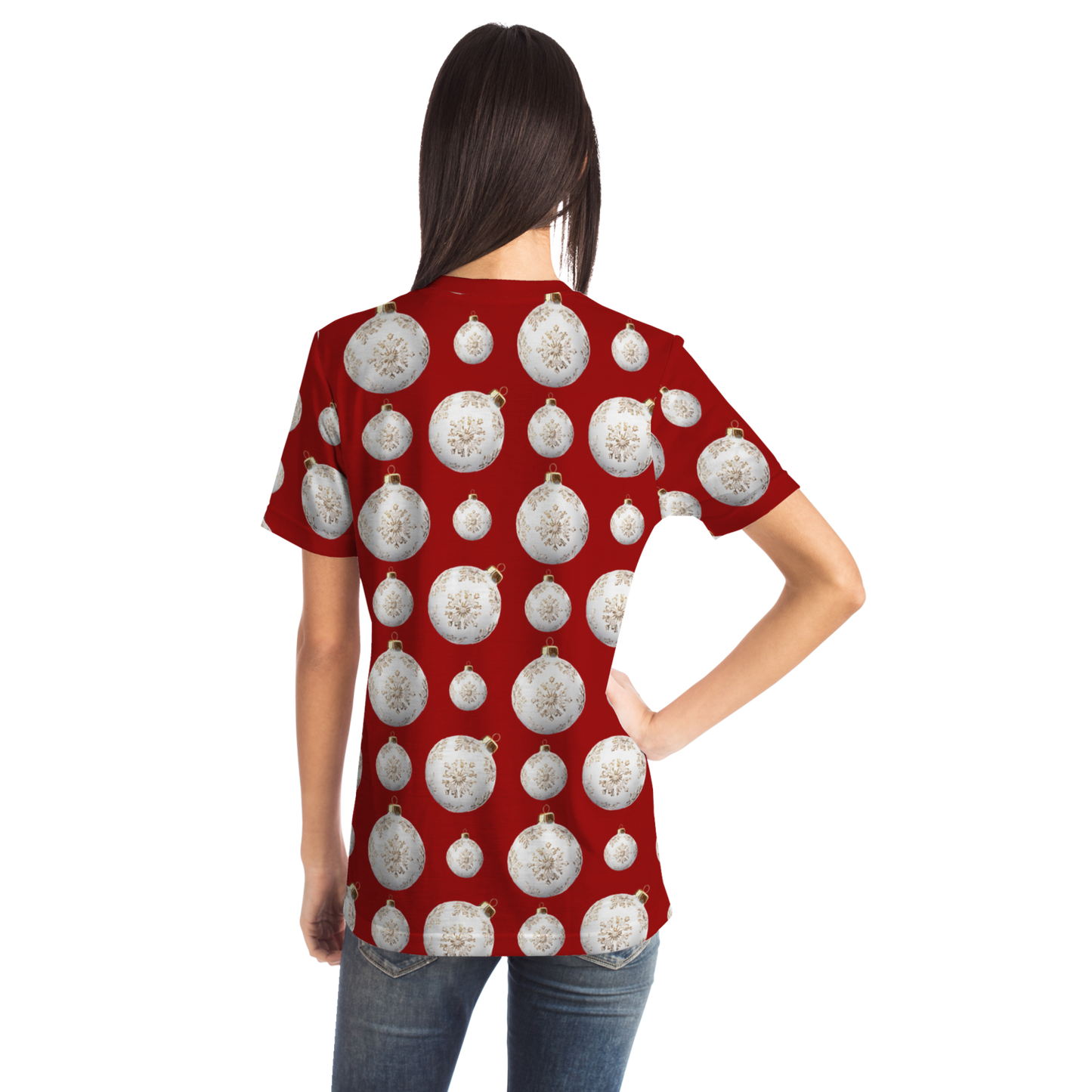 Female model wearing Christmas Vibes T-Shirt, back pose