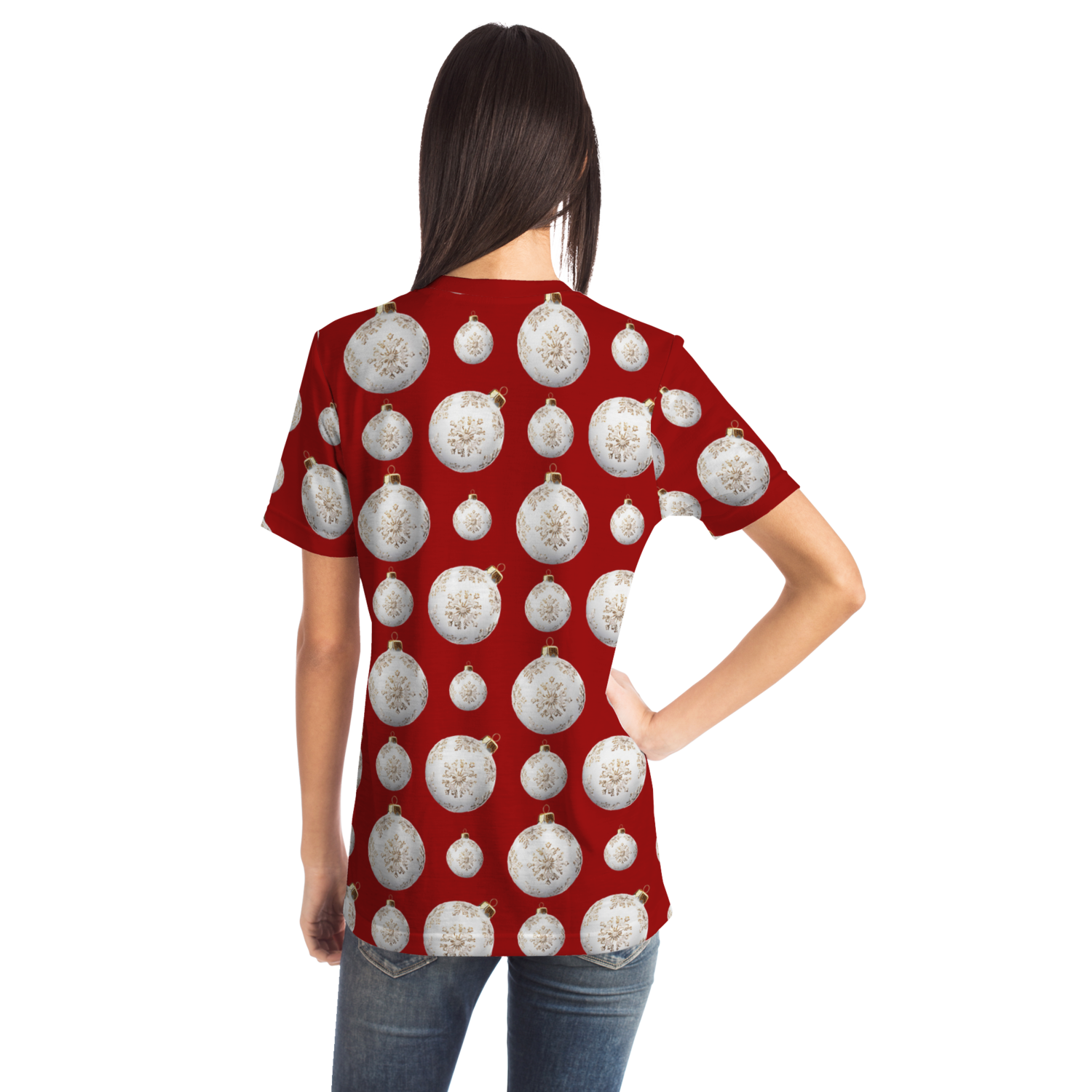 Female model wearing Christmas Vibes T-Shirt, back pose