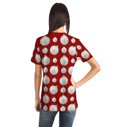 Female model wearing Christmas Vibes T-Shirt, back pose