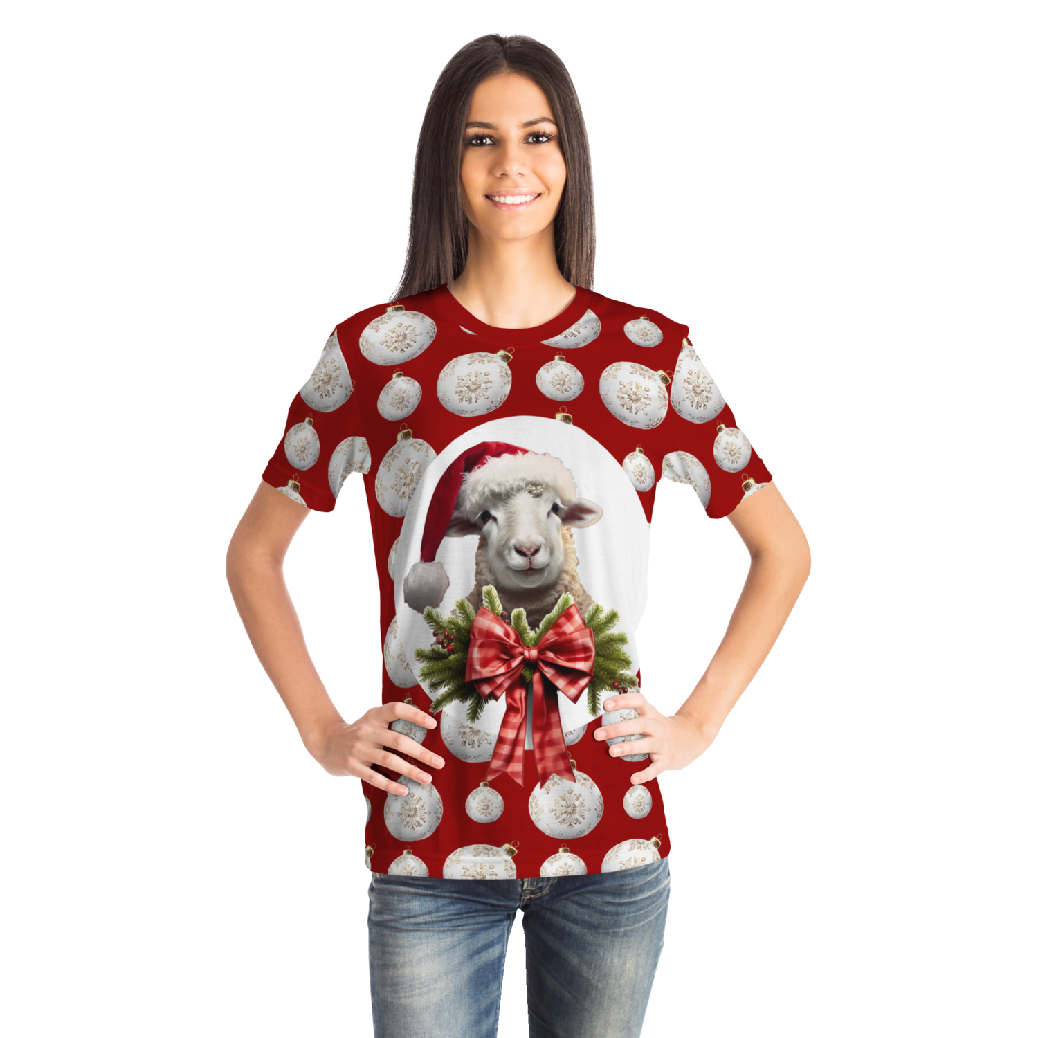 Female model wearing Christmas Vibes T-Shirt, front pose