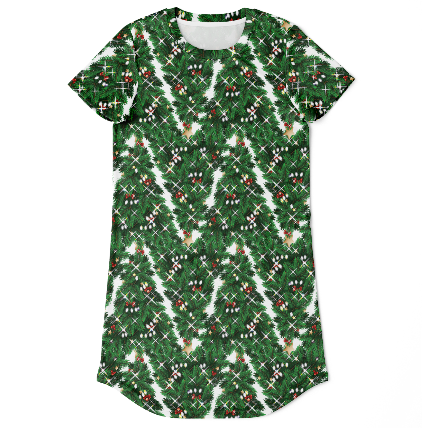 Flat lay front view of Christmas Tree T-Shirt Dress with all-over holiday pattern