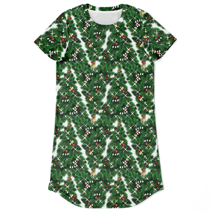 Flat lay front view of Christmas Tree T-Shirt Dress with all-over holiday pattern