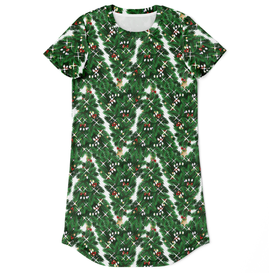 Flat lay front view of Christmas Tree T-Shirt Dress with all-over holiday pattern