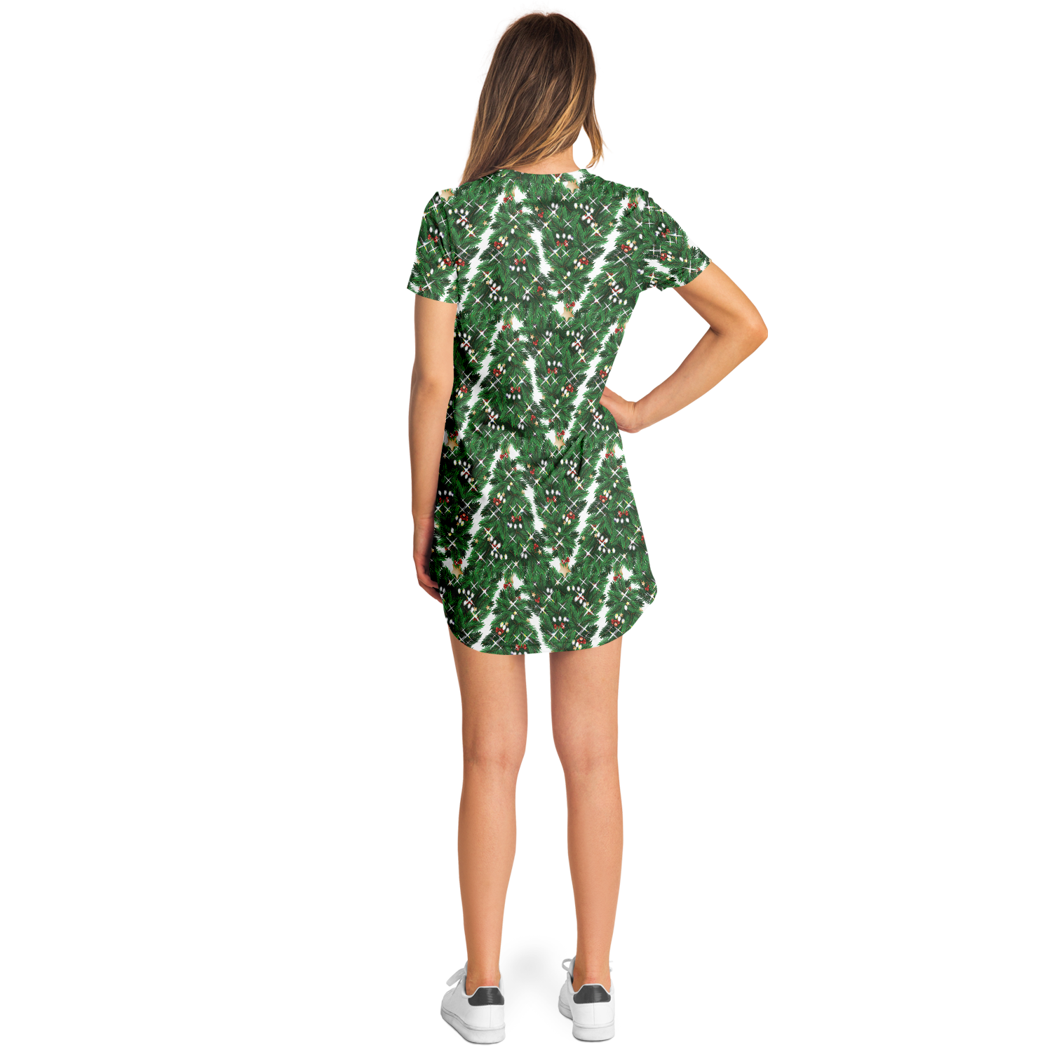 Woman back wearing a green Christmas tree t-shirt dress
