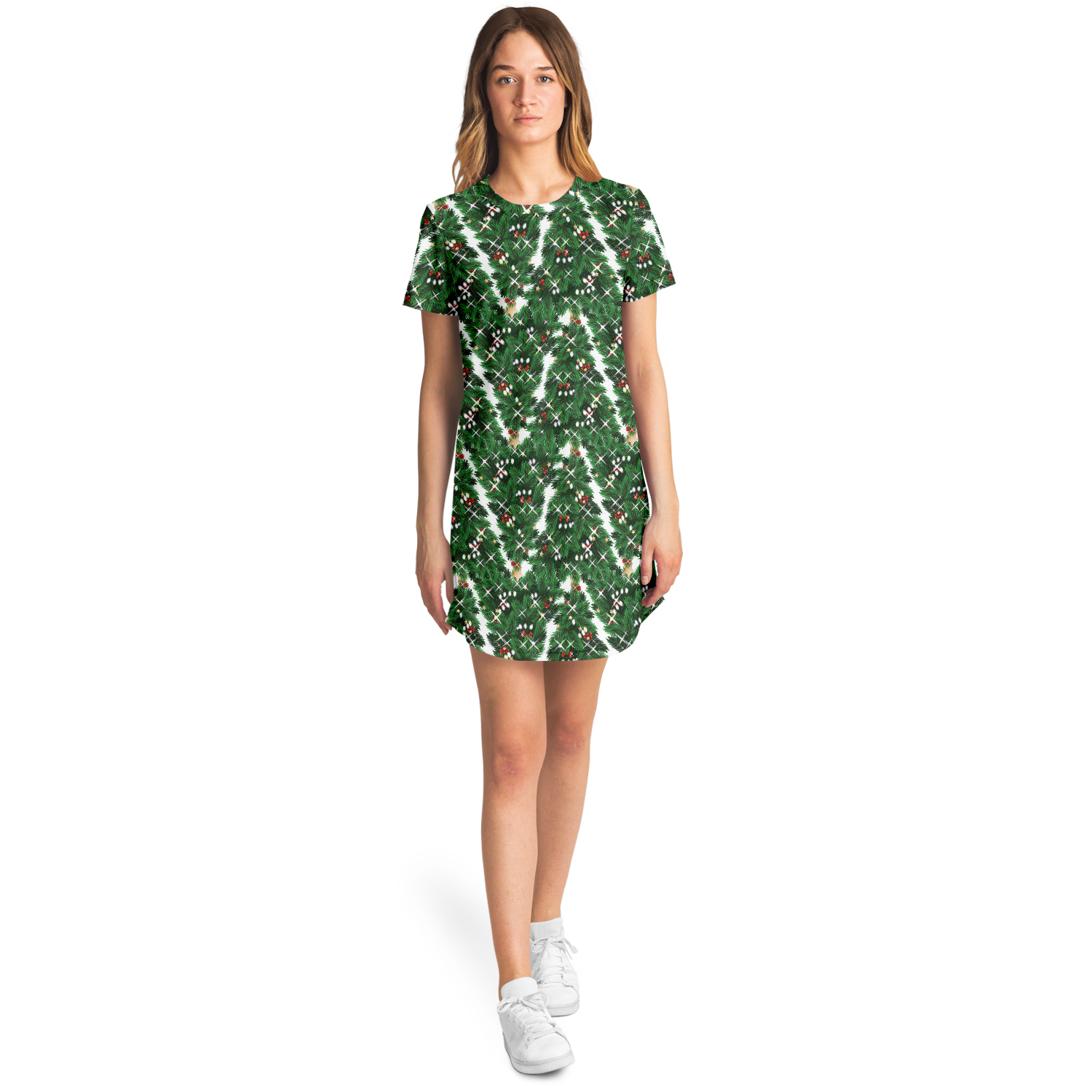 Woman standing front-facing in Christmas Tree T-Shirt Dress, hands relaxed at sides