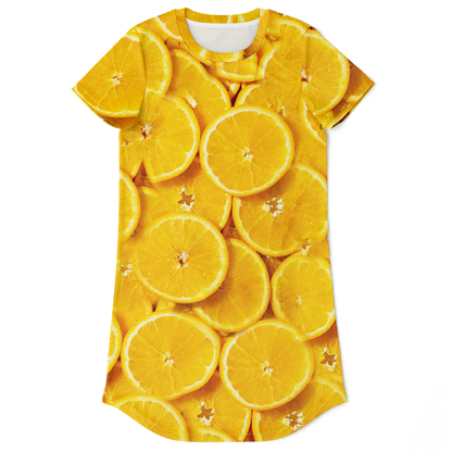 orange tshirt dress,
fruit print dress,
summer t-shirt dress,
tropical print dress