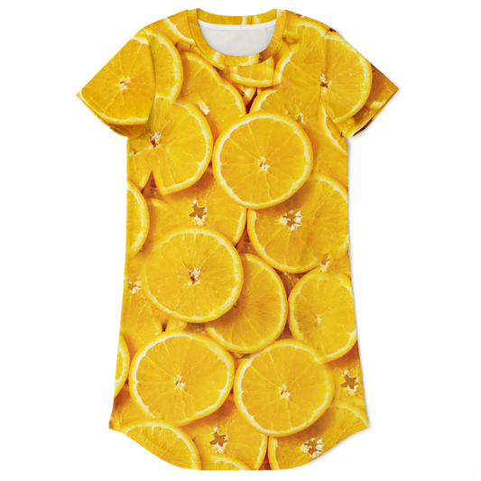 orange tshirt dress,
fruit print dress,
summer t-shirt dress,
tropical print dress