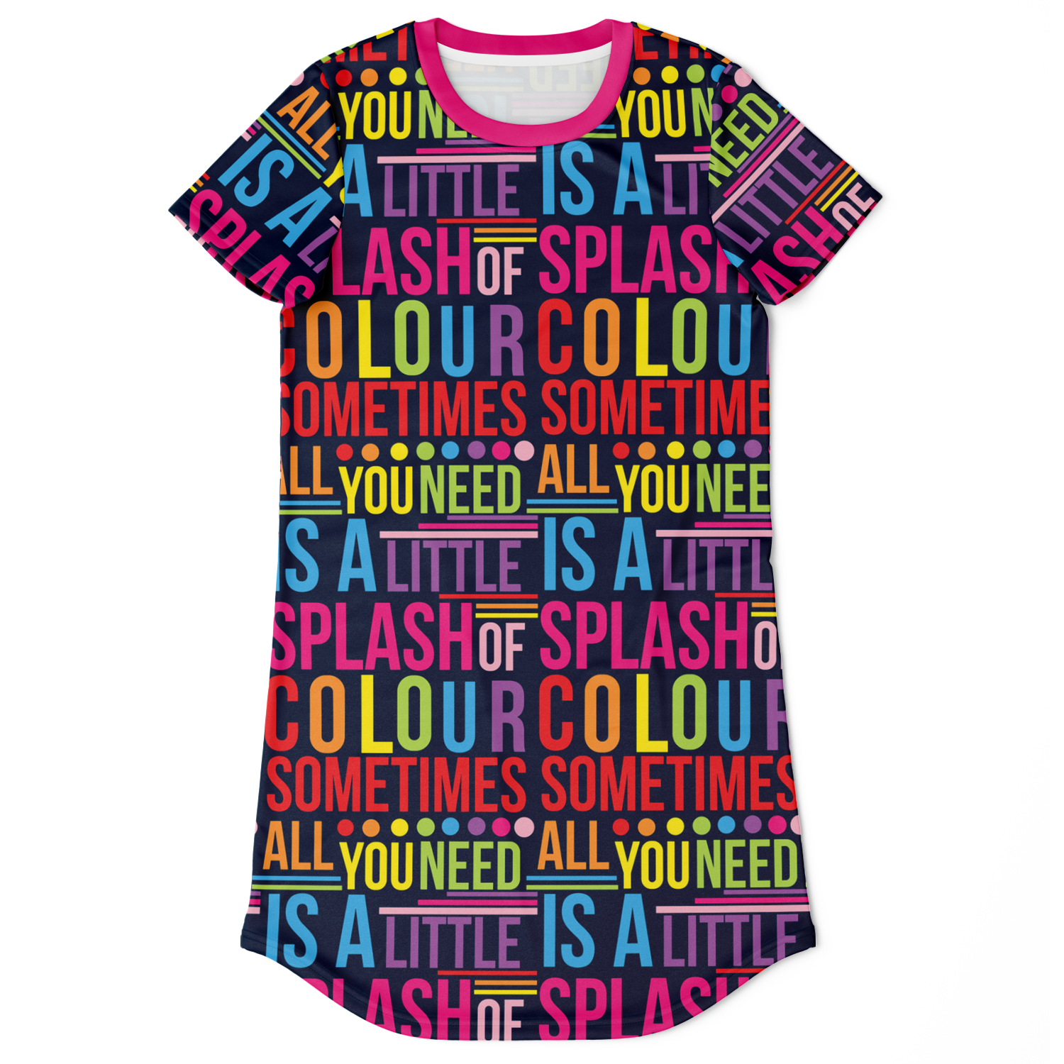 colorful t-shirt dress,
graphic print t-shirt dress,
bold print dress