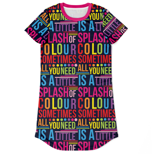 colorful t-shirt dress,
graphic print t-shirt dress,
bold print dress