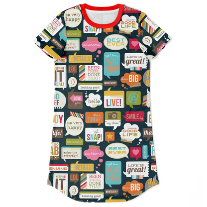 fun casual t-shirt dress
all-over print  t- shirt dress
casual everyday dress