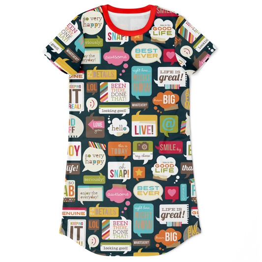 fun casual t-shirt dress
all-over print  t- shirt dress
casual everyday dress