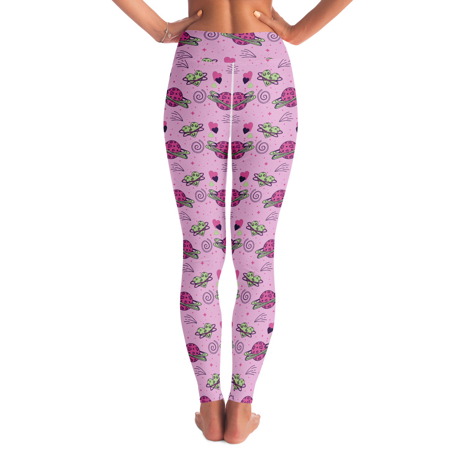 Cosmic Crush Leggings – Back view displaying evenly spaced space-themed icons on soft pink