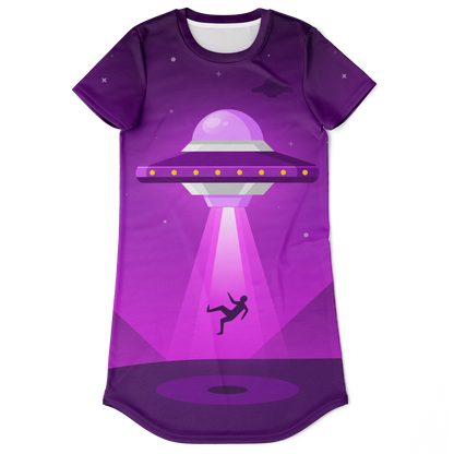 purple t-shirt dress,
cosmic print dress,
space theme outfit