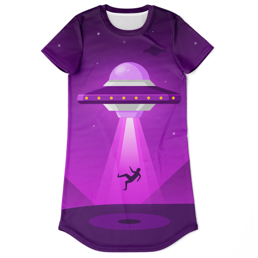 purple t-shirt dress,
cosmic print dress,
space theme outfit