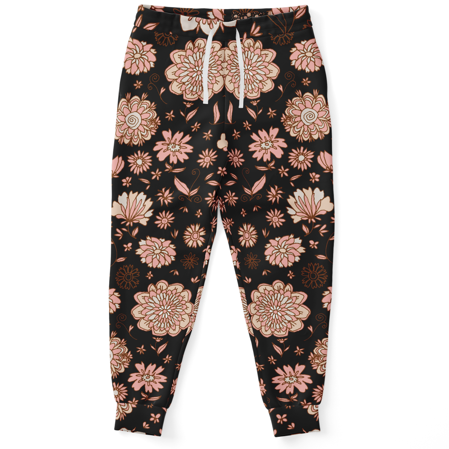 brown jogger,
tapered fit,
floral jogger
