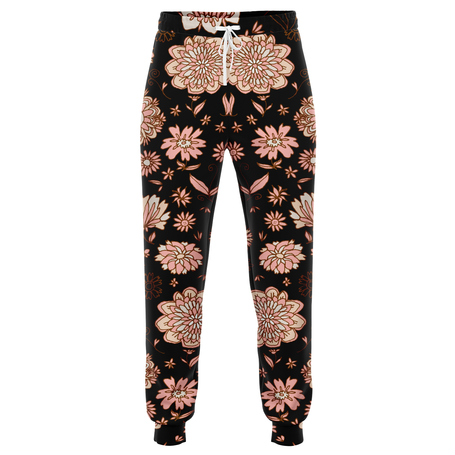  Floral Print Joggers – Front view highlighting soft floral artwork on a deep black base