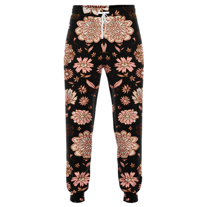  Floral Print Joggers – Front view highlighting soft floral artwork on a deep black base