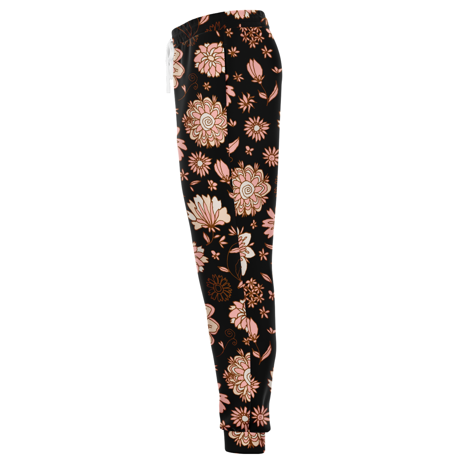  Floral Print Joggers – Side profile highlighting the graceful flow of peach floral motifs on black fabric