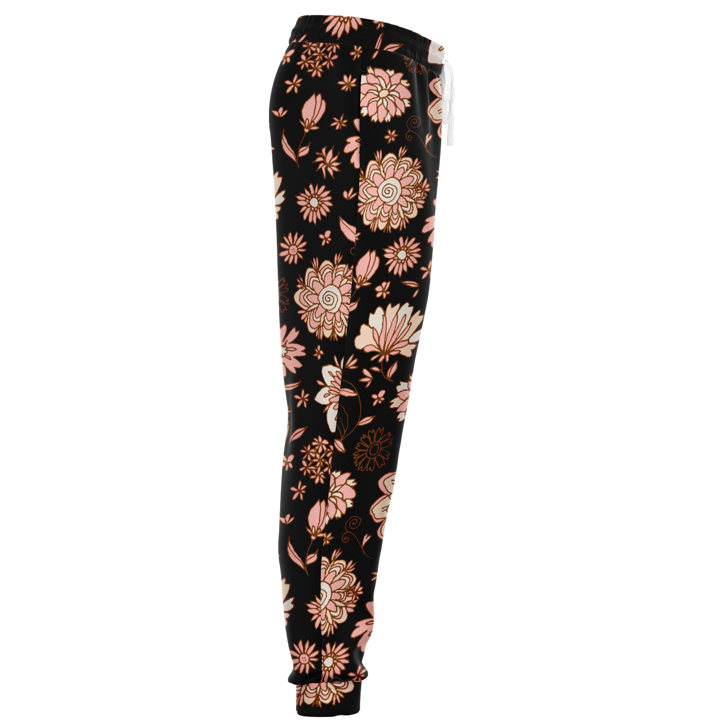  Floral Print Joggers – Side profile highlighting the graceful flow of peach floral motifs on black fabric