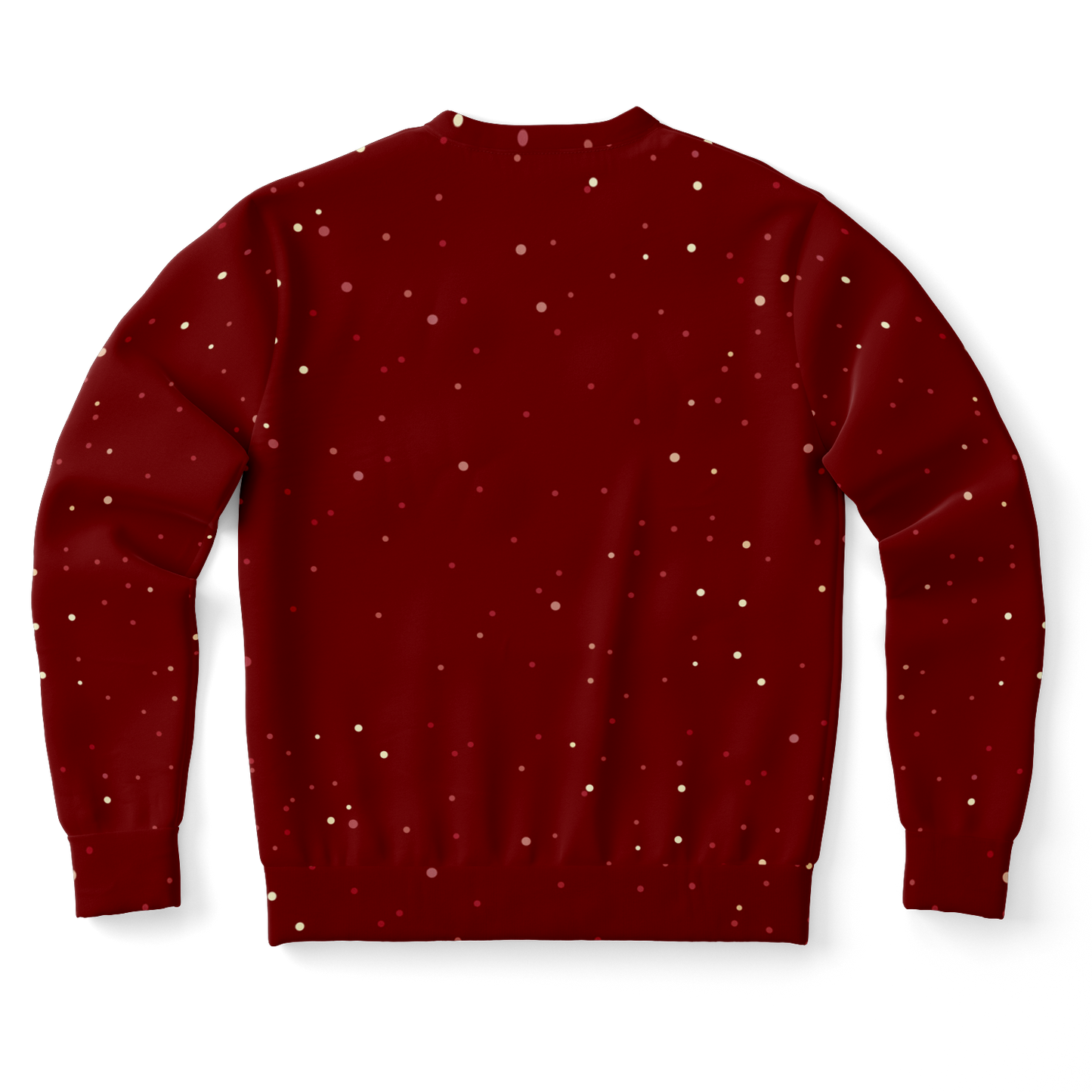 Festive Frost Hoodie – back view, plain red with holiday print detail