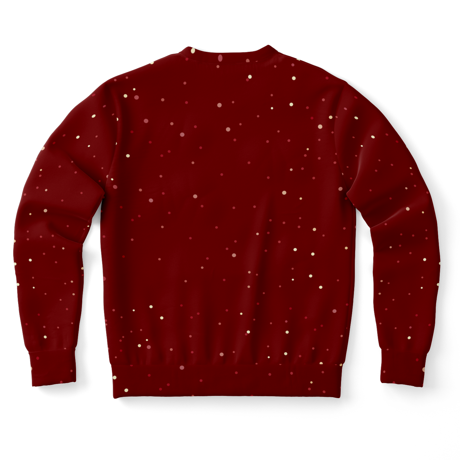 Festive Frost Hoodie – back view, plain red with holiday print detail