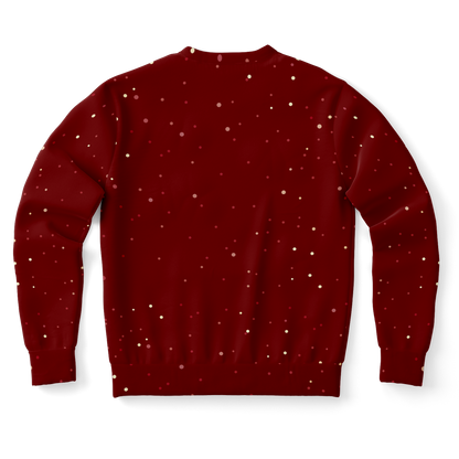 Festive Frost Hoodie – back view, plain red with holiday print detail