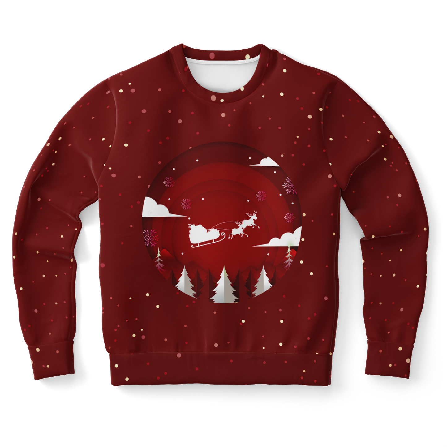 Festive Frost Hoodie – front view, red Christmas hoodie with Santa face and snowy design