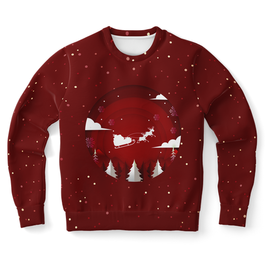Festive Frost Hoodie – front view, red Christmas hoodie with Santa face and snowy design