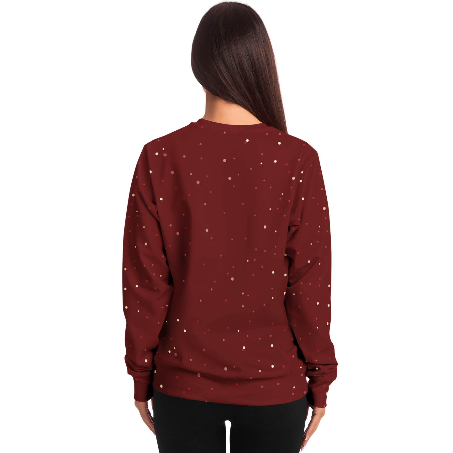 Festive Frost Hoodie – female model back view showcasing red snowy design