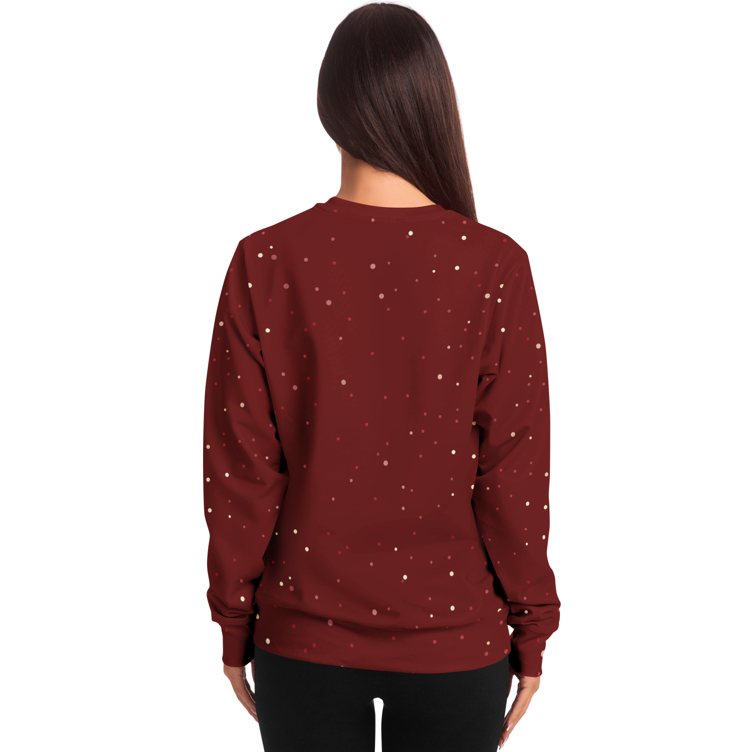 Festive Frost Hoodie – female model back view showcasing red snowy design