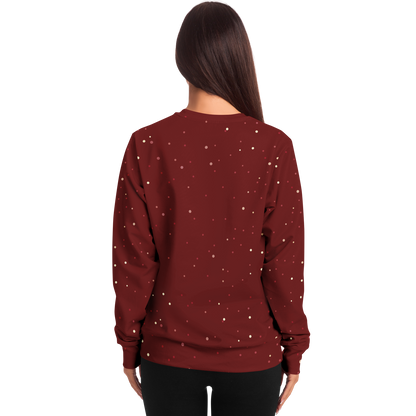 Festive Frost Hoodie – female model back view showcasing red snowy design