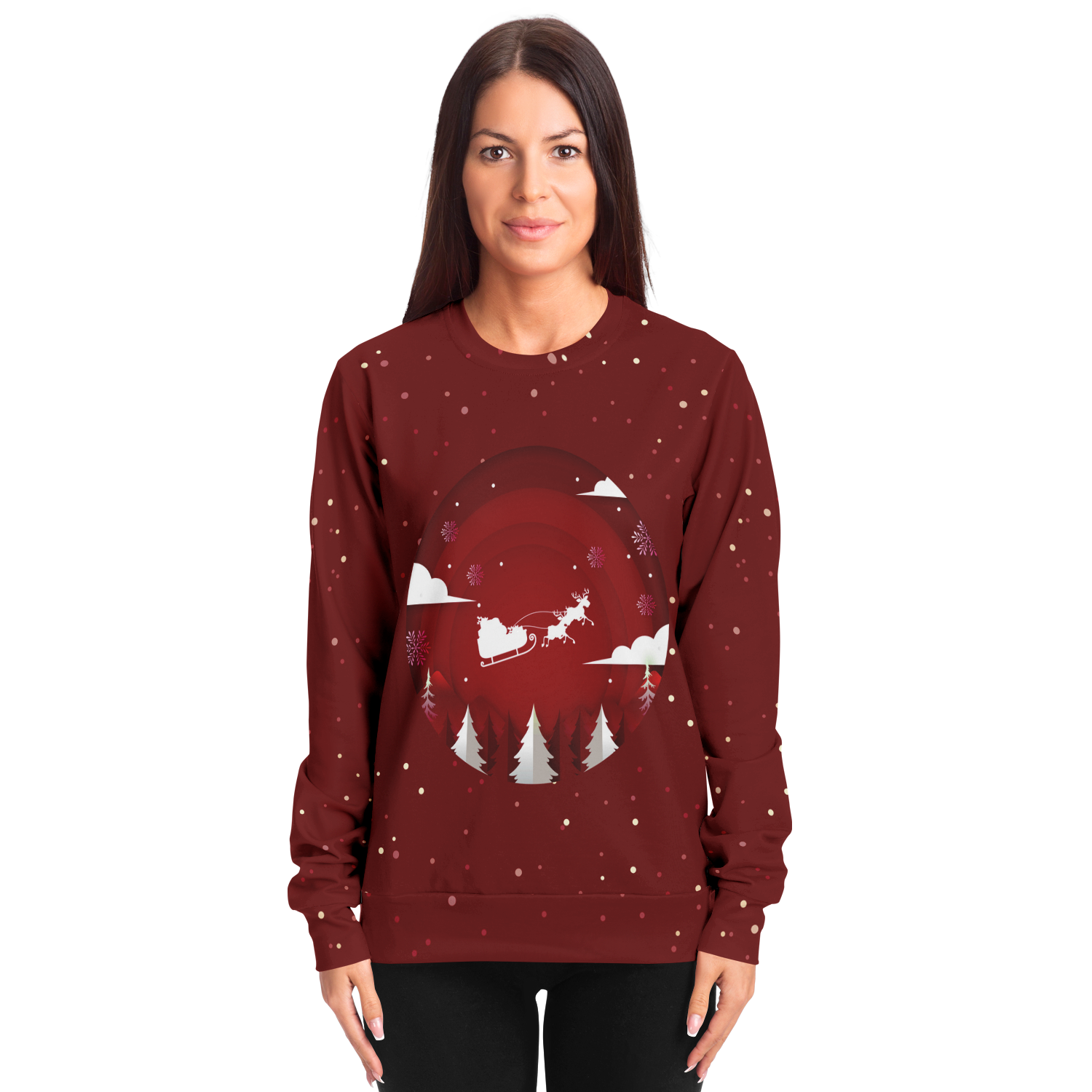 Festive Frost Hoodie – female model front view wearing Santa print hoodie