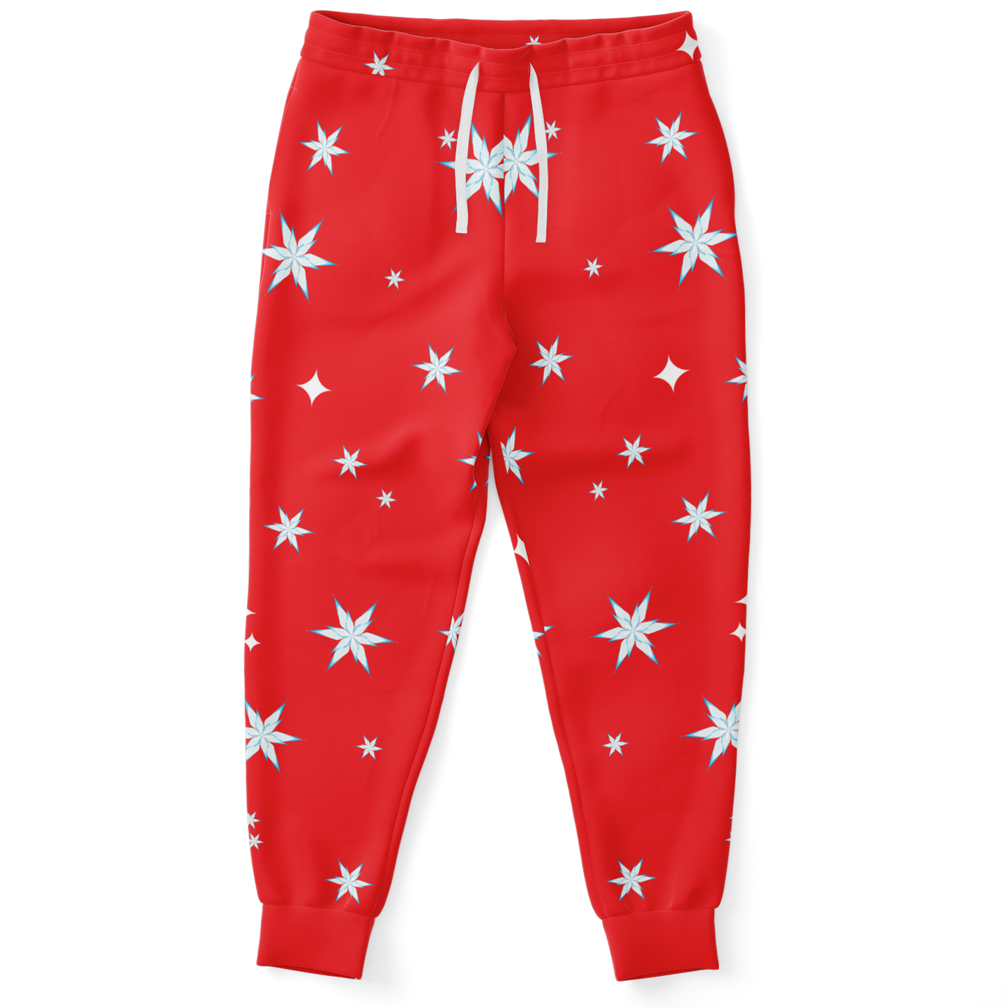 Front view of Festive Glow Joggers in red with white star pattern