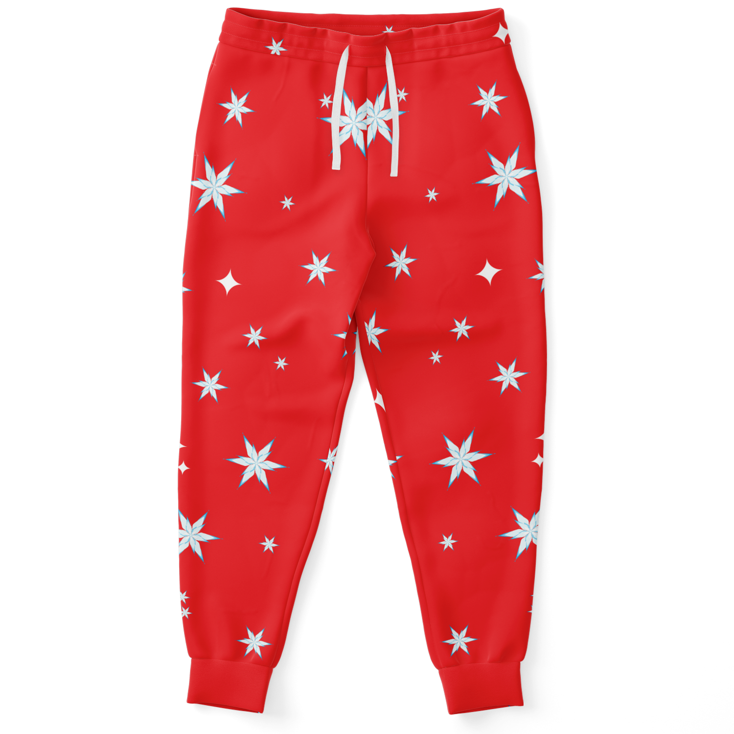 Front view of Festive Glow Joggers in red with white star pattern