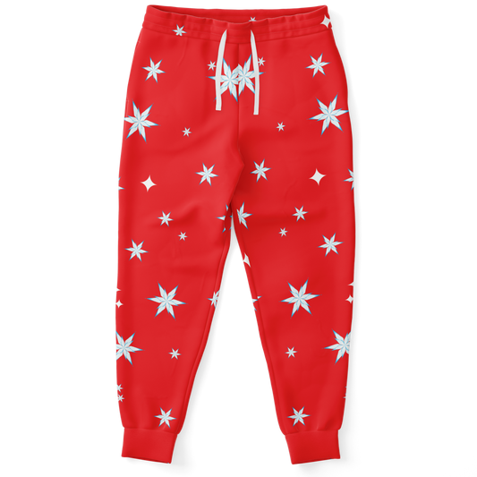 Front view of Festive Glow Joggers in red with white star pattern