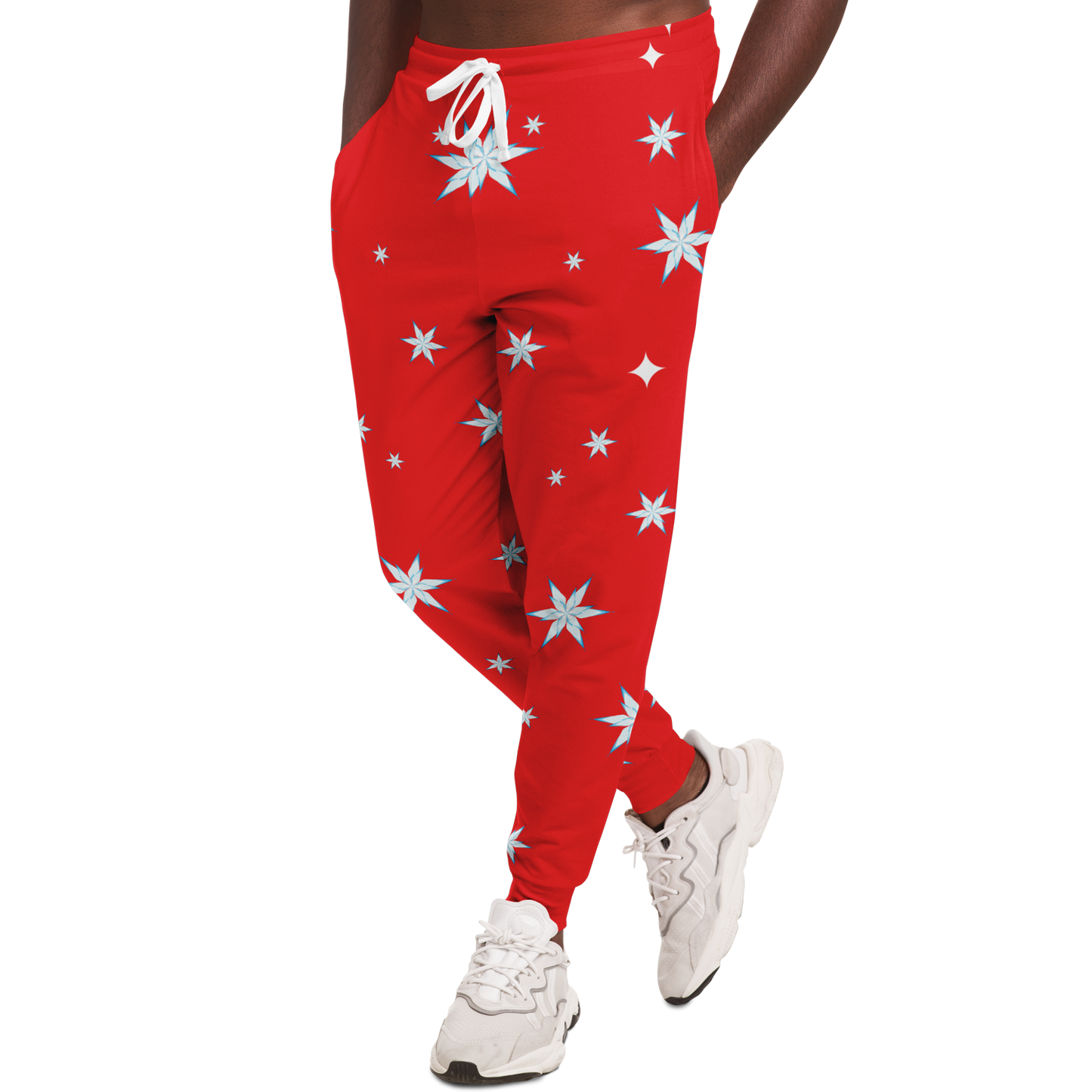 Close-up view of Festive Glow Joggers leg with Christmas star print