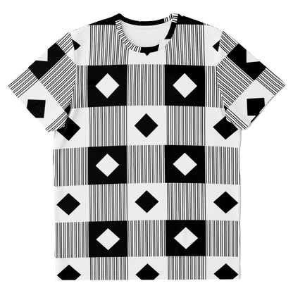 black and white t-shirt,
geometric print t-shirt
