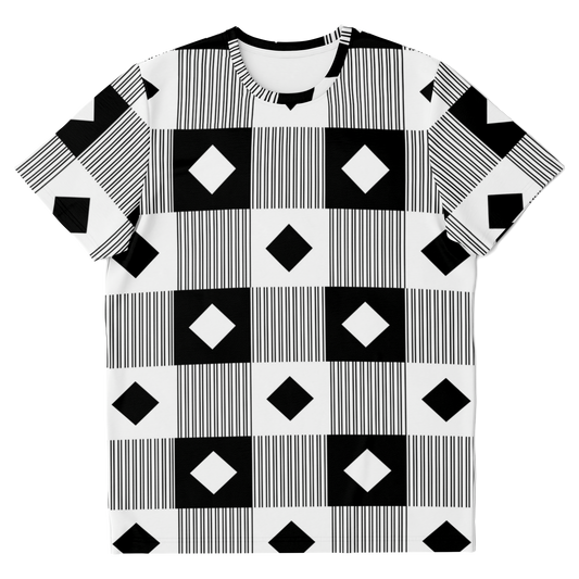 black and white t-shirt,
geometric print t-shirt