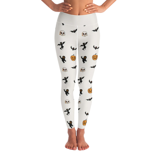White leggings with Halloween-themed patterns on a white background
