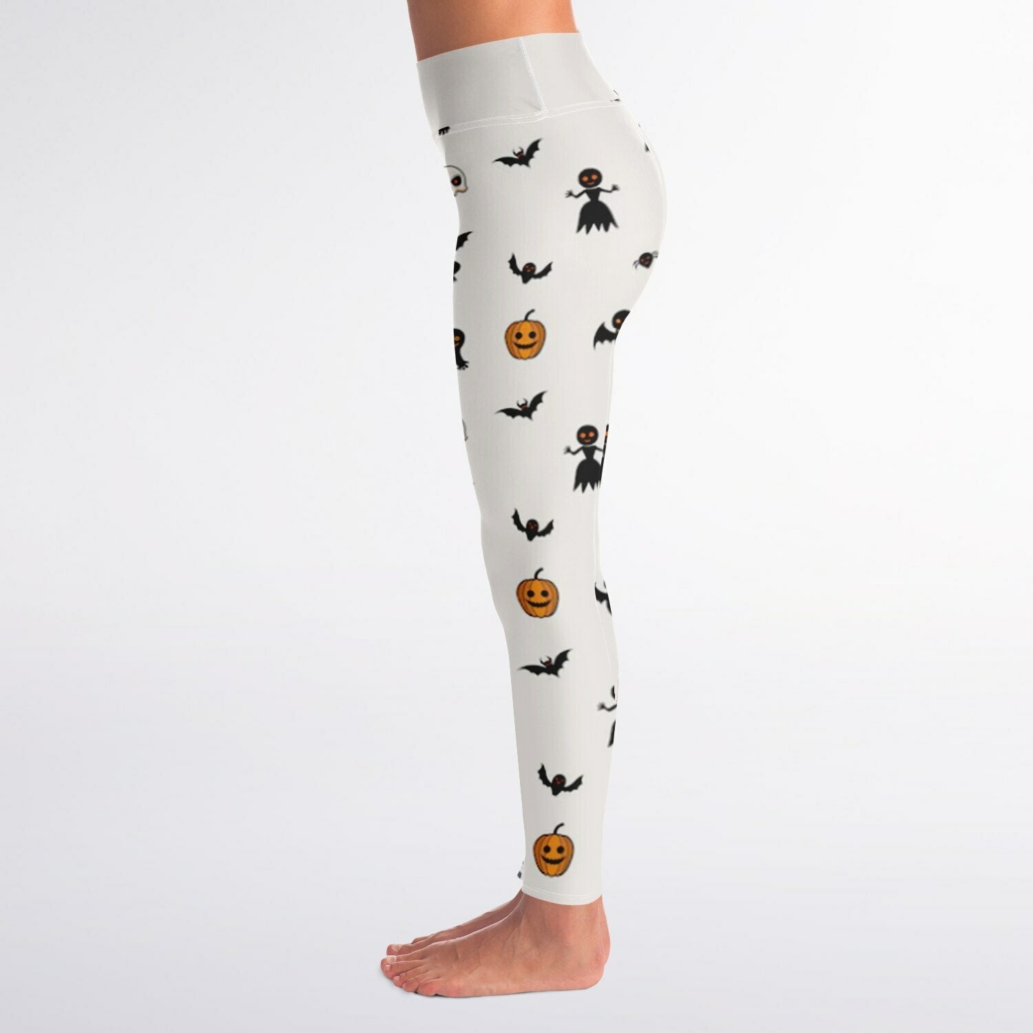 Leggings with Halloween-themed pattern on a white background