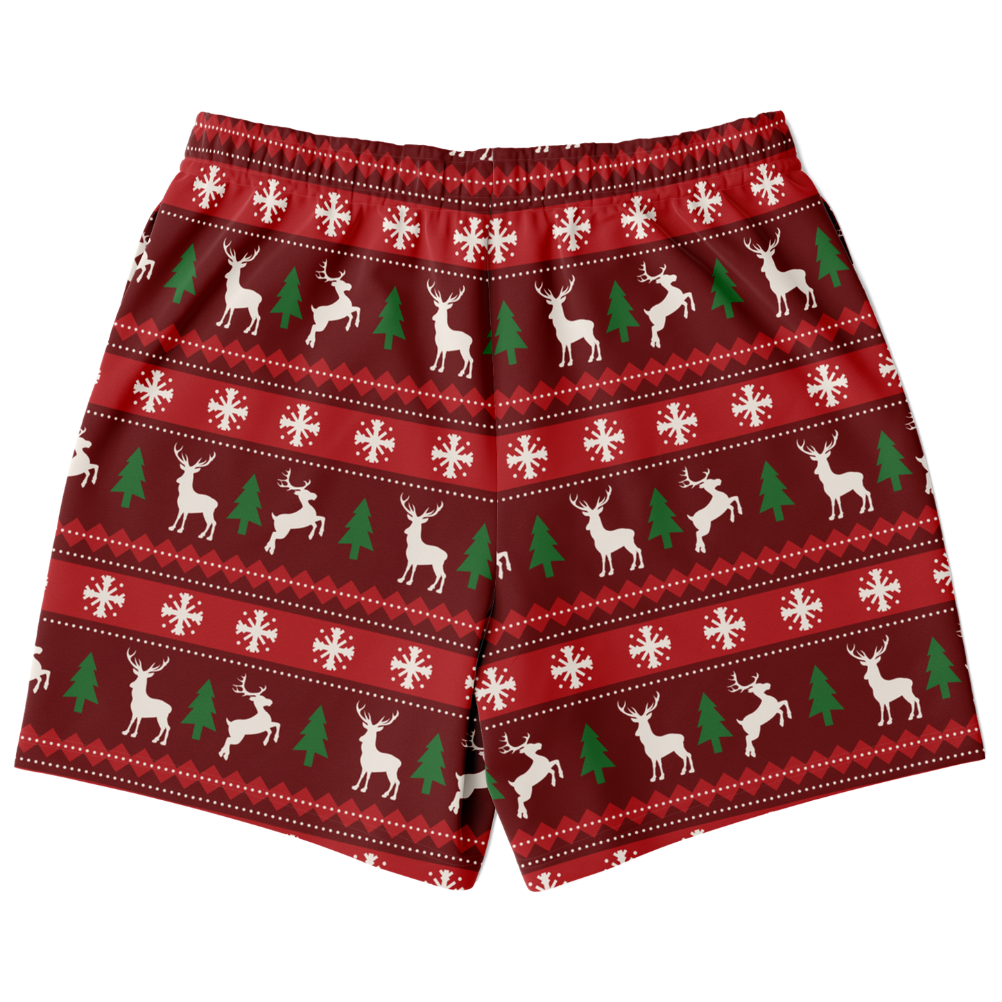 Merry Vibes Shorts – back view, holiday pattern with red, green, and white details