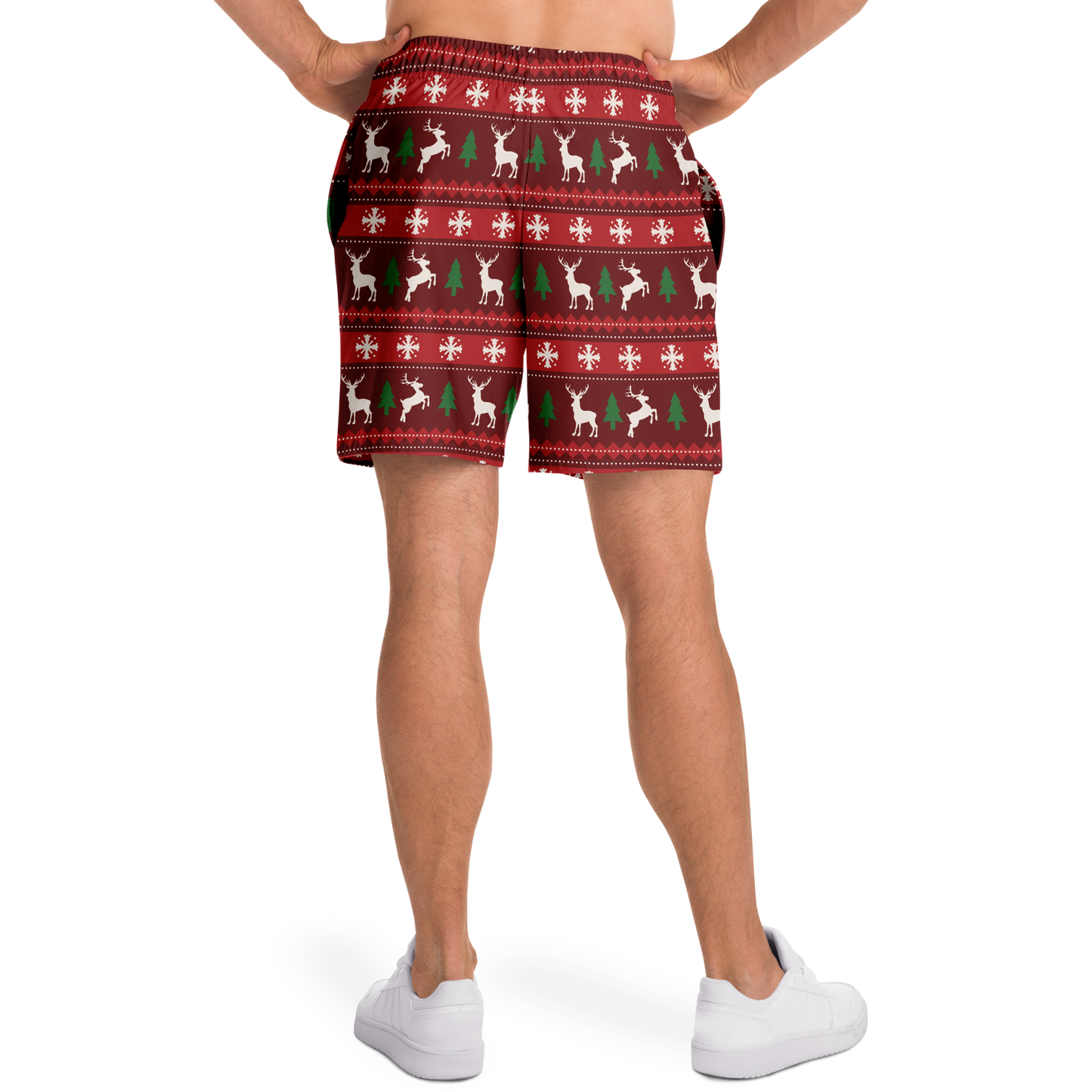 Merry Vibes Shorts – close up back view, holiday pattern with red, green, and white details