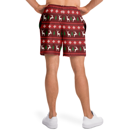 Merry Vibes Shorts – close up back view, holiday pattern with red, green, and white details